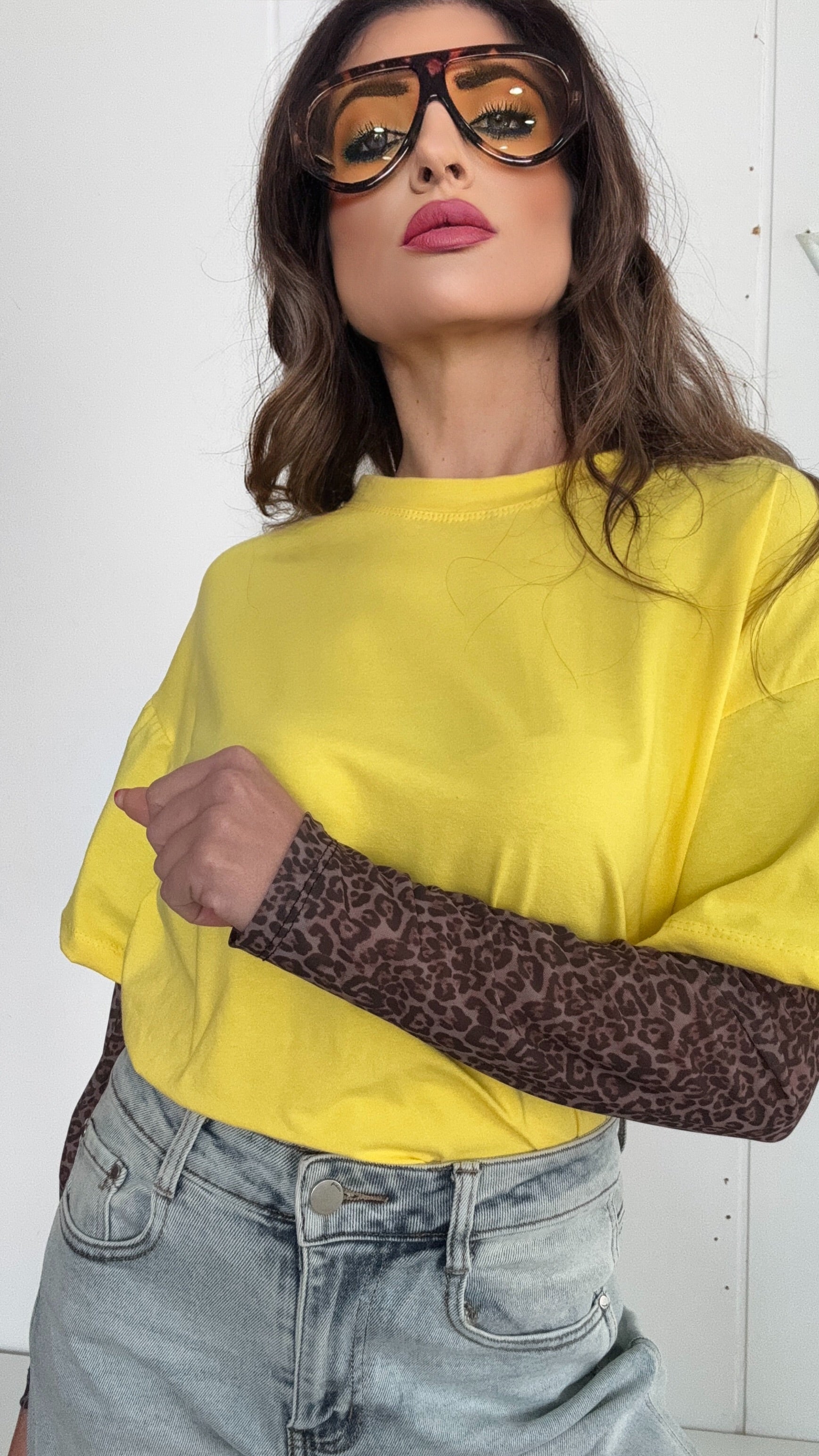 LT SHIRT MAGLIA CON MANICOTTI LEOPARDATA GIALLO