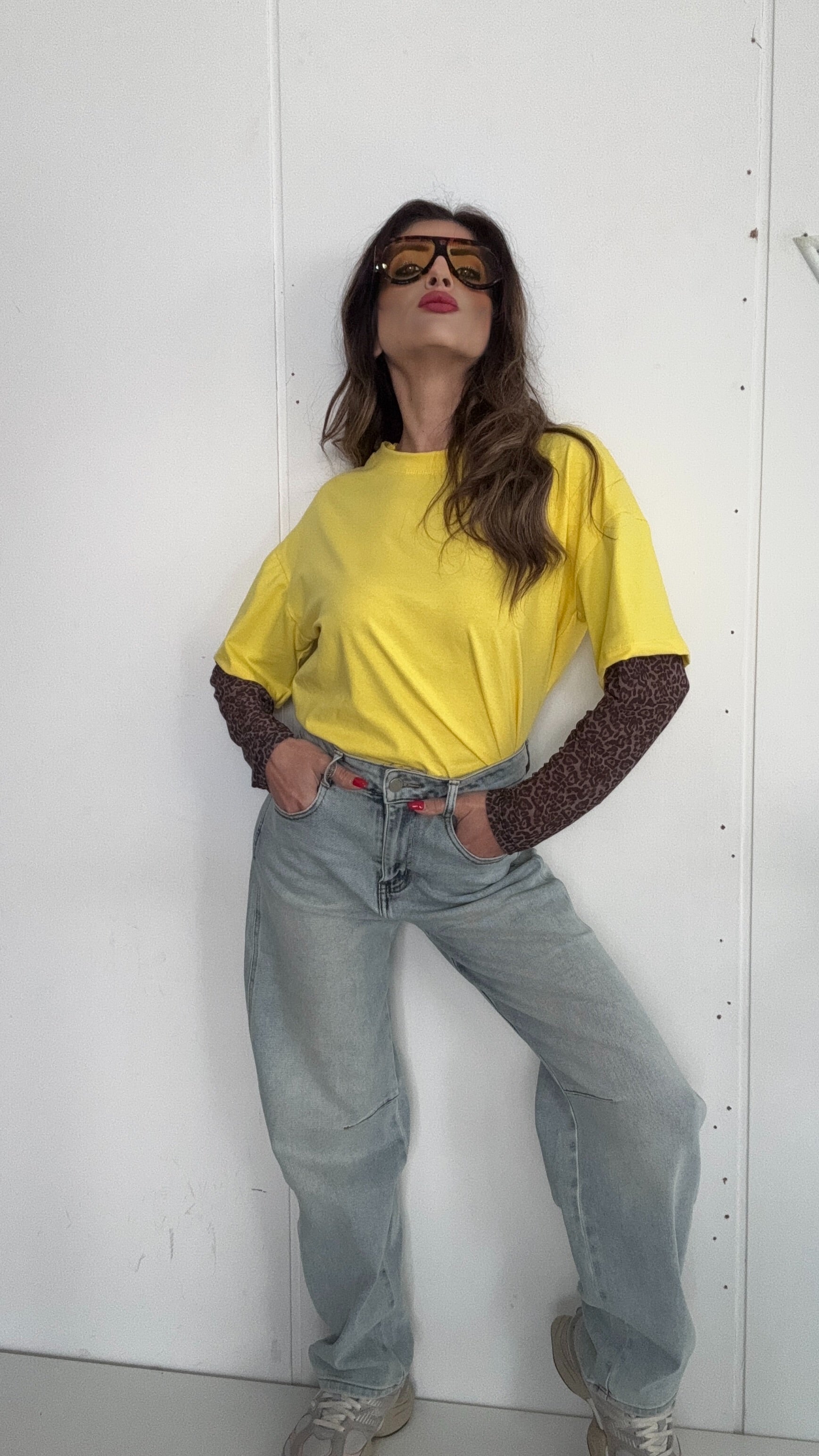 LT SHIRT MAGLIA CON MANICOTTI LEOPARDATA GIALLO
