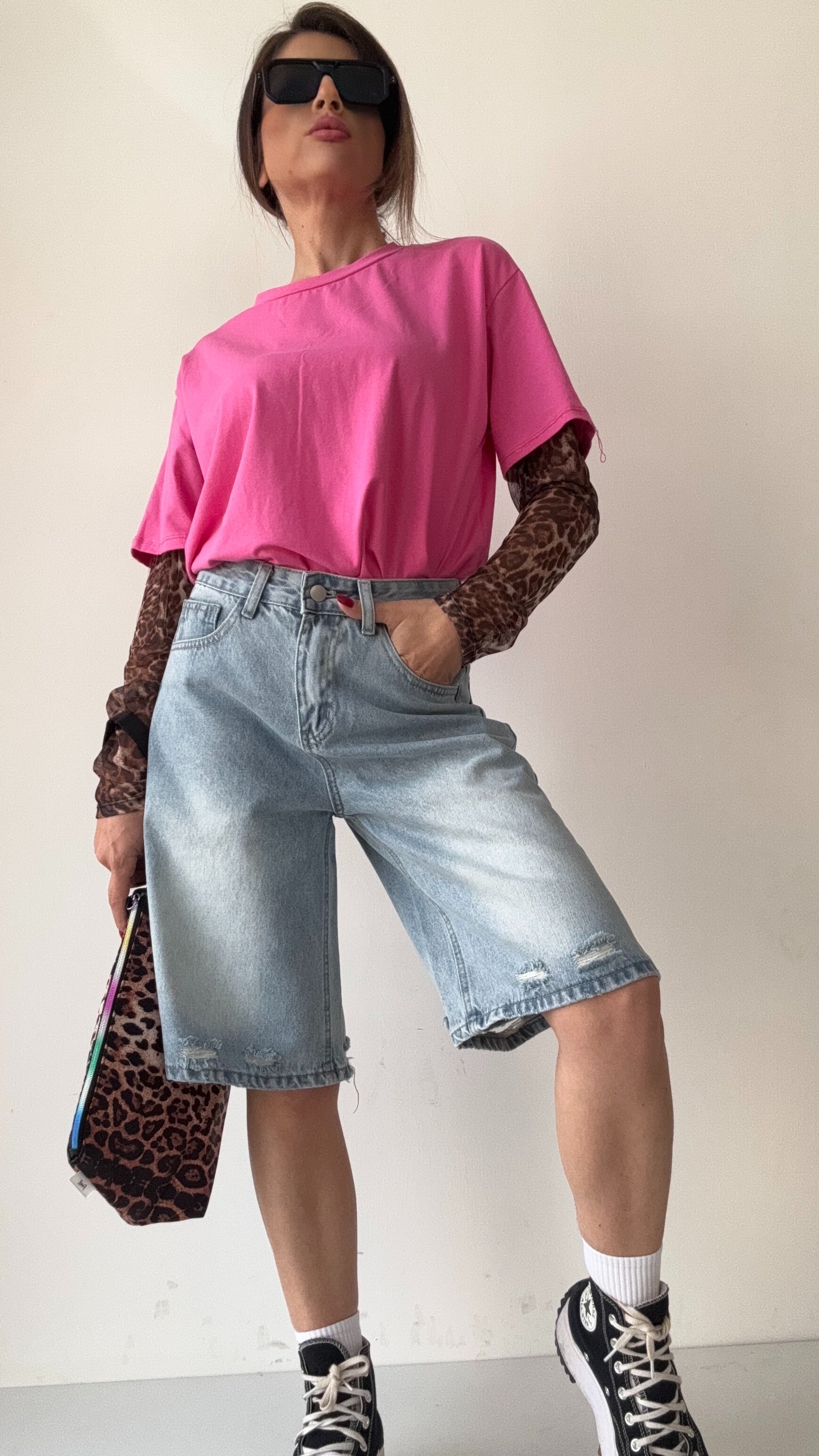 T SHIRT SISSI MAGLIA CON MANICOTTI LEOPARDATI